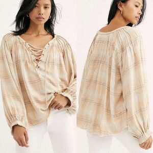 Free People Cream Long Sleeve Slouchy Cloudbreaker Plaid Tunic Top